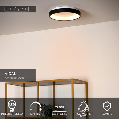 Lucide VIDAL - Deckenleuchte - Ø 28 cm - LED Dim. - 1x20W 2700K - Schwarz